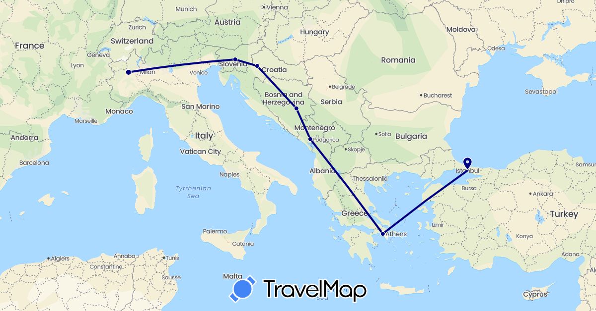 TravelMap itinerary: driving in Bosnia and Herzegovina, Greece, Croatia, Italy, Montenegro, Slovenia, Turkey (Asia, Europe)